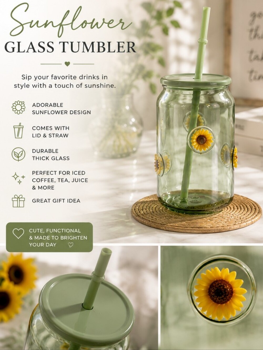 🌻 Sunflower Glass Tumbler with Lid & Reusable Straw | Green | New